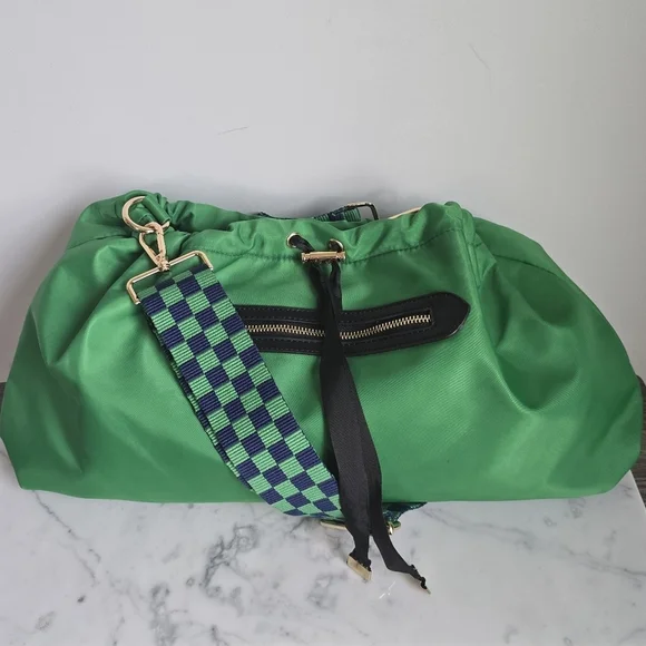 AhDorned, Kelly Green Drawstring Nylon Plaid Guitar Strap Crossbody Bag Tote - Picture 3 of 10